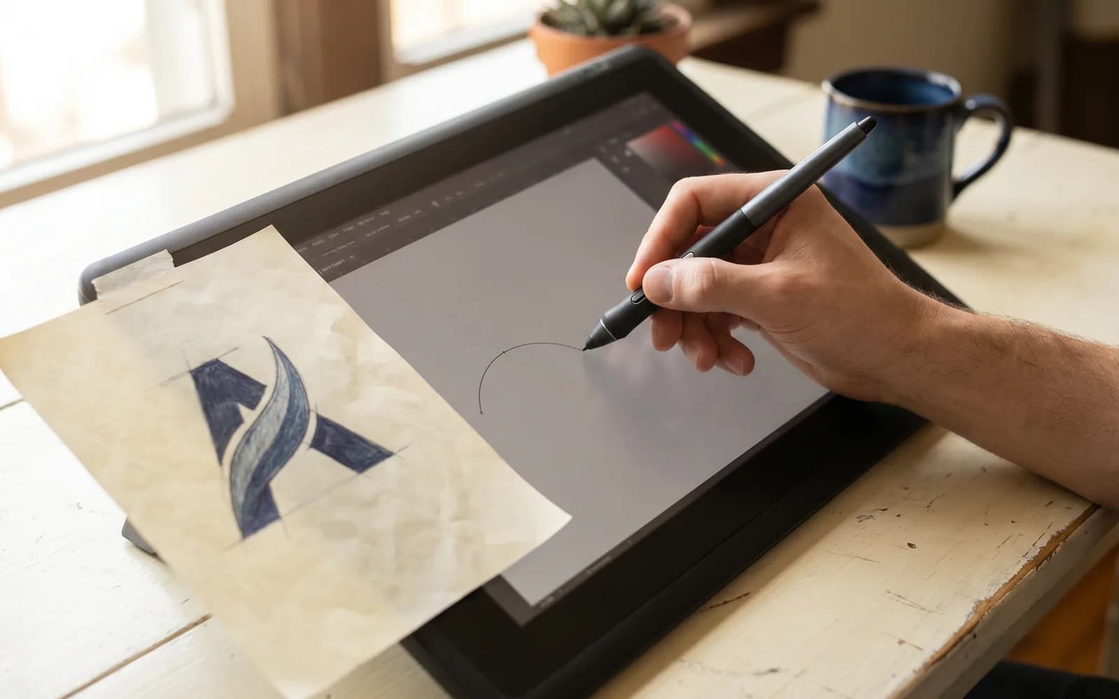 Hand zeichnet Logokontur am Grafiktablett von Hand nach – Logo vektorisieren lassen ab 15 € netto