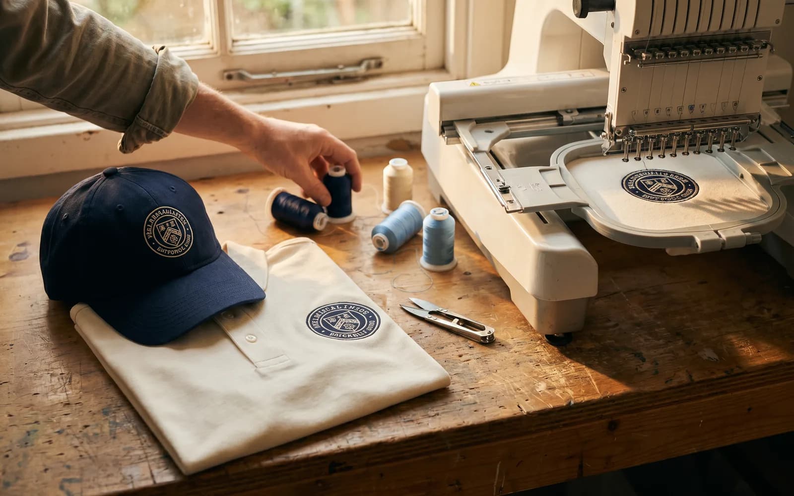 Cap und Poloshirt mit gesticktem fiktivem Vereinswappen neben einem Maschinen-Stickrahmen – Stickdatei-Digitalisierung von Dekorfabrik