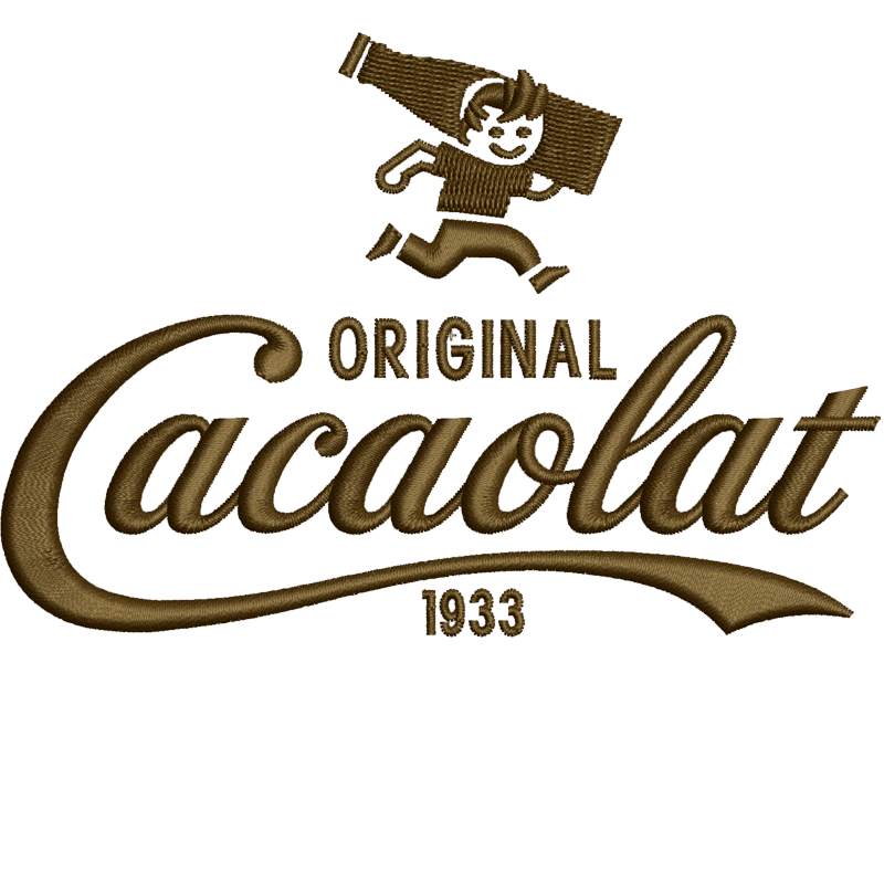 Stickerei des Logos von Original Cacaolat 1933 darüber ein Männchen das mit einer Flasche auf der Schulter rennt