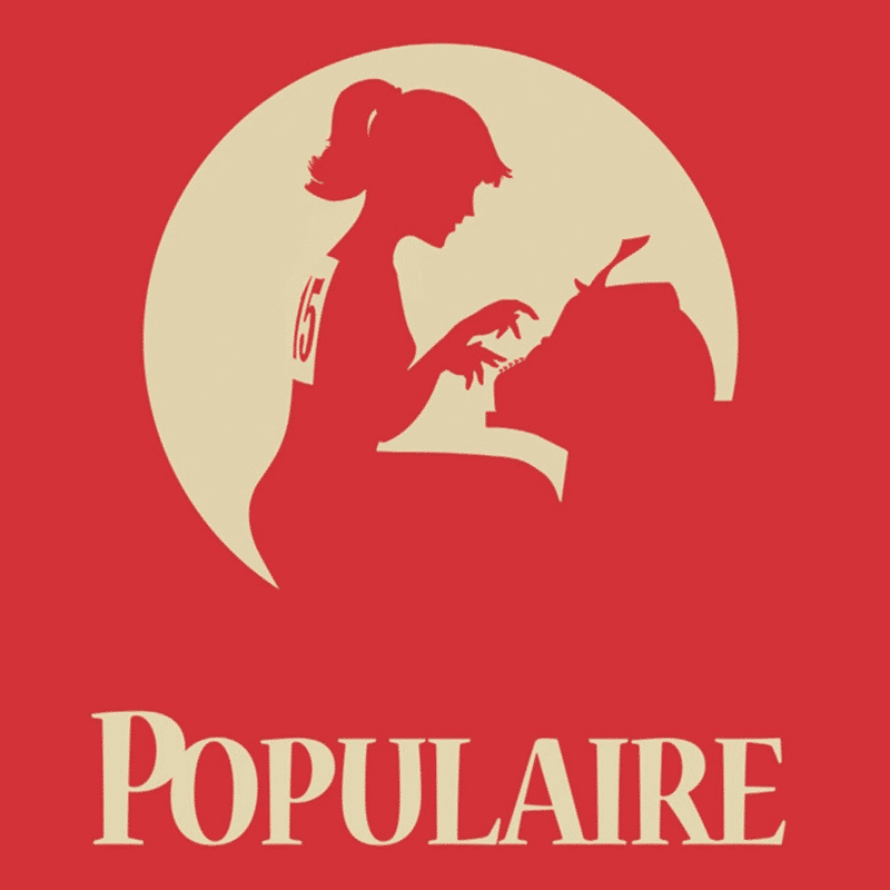 Vektorgrafik von einer Frau die vor einer Schreibmaschine sitzt mit der Aufschrift "Populaire"